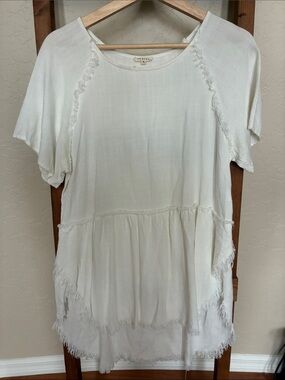 JODIFL Ivory Short Sleeve Peasant Tunic with Frayed Trim